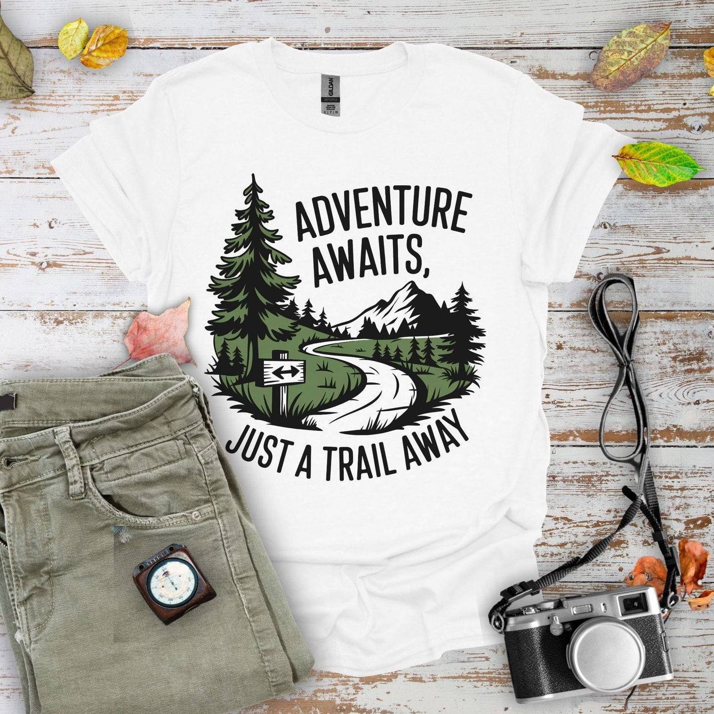 Adventure Awaits Just a Trail Away Graphic T-Shirt - Camping Shirt Camp Vibes Collective