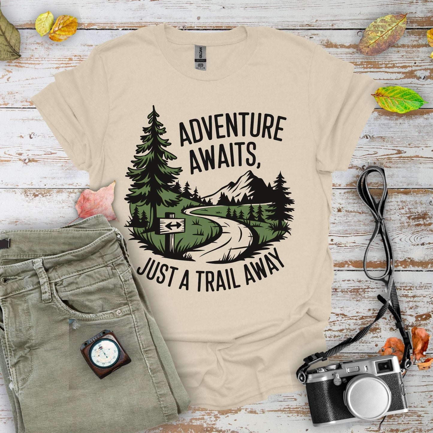 Adventure Awaits Just a Trail Away Graphic T-Shirt - Camping Shirt Camp Vibes Collective