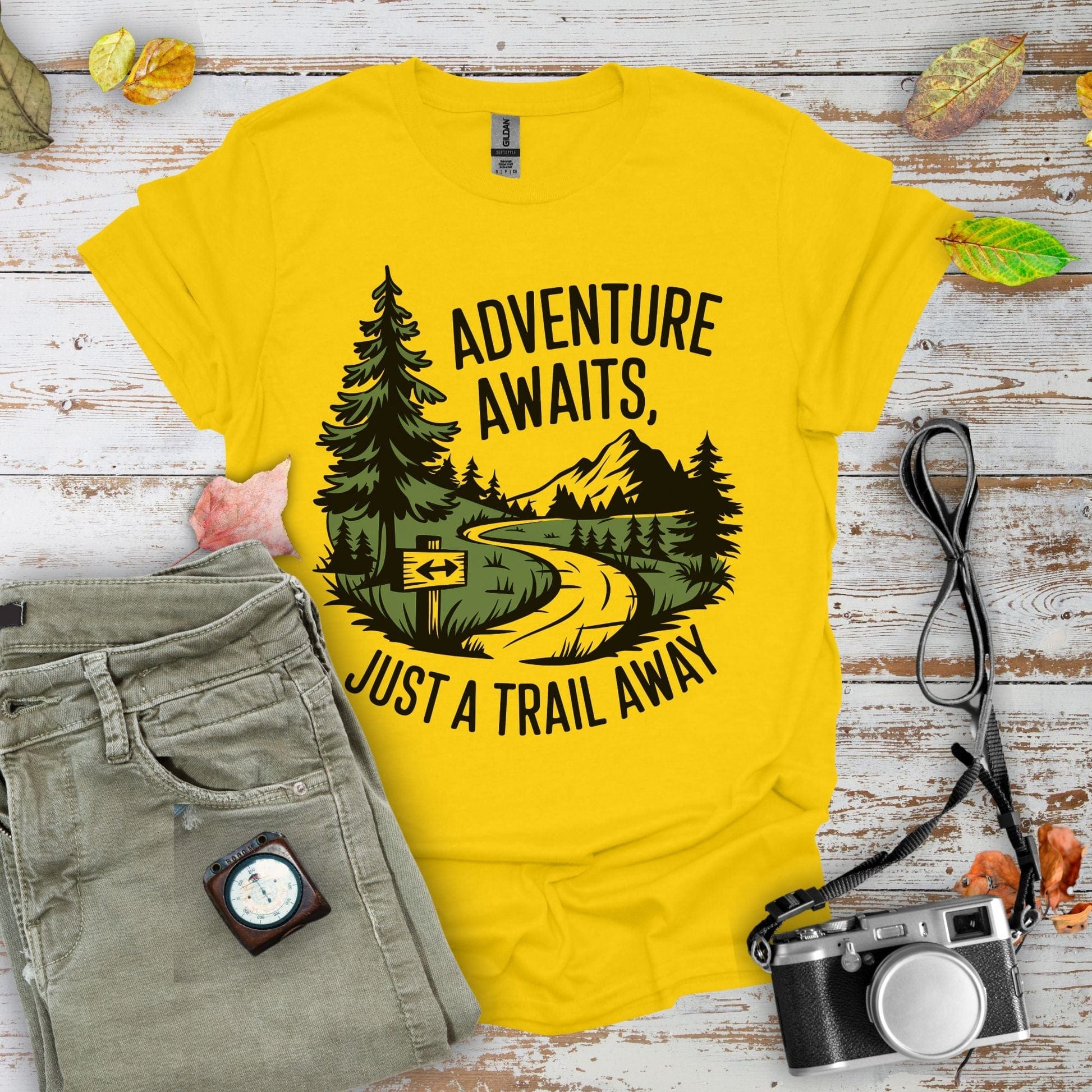 Adventure Awaits Just a Trail Away Graphic T-Shirt - Camping Shirt Camp Vibes Collective