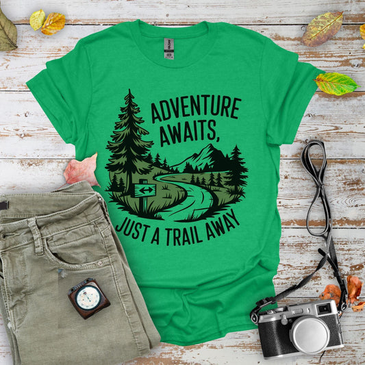 Adventure Awaits Just a Trail Away Graphic T-Shirt - Camping Shirt Camp Vibes Collective