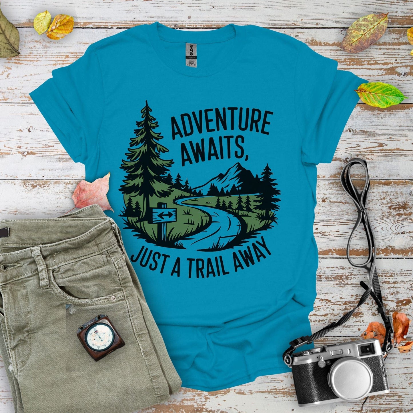 Adventure Awaits Just a Trail Away Graphic T-Shirt - Camping Shirt Camp Vibes Collective